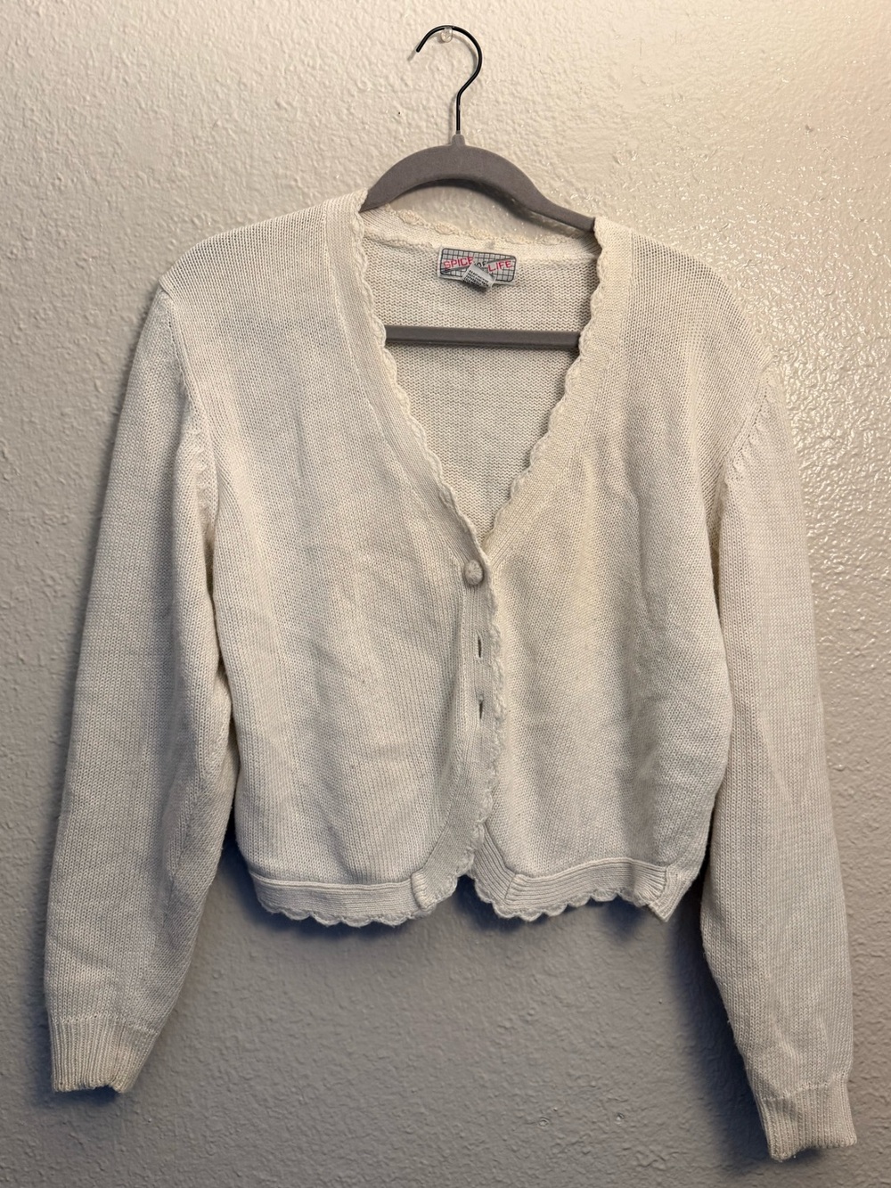 Scallop-Edge Cropped Cream Cardigan Sweater